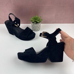 Cecelia New York Black Betty Leather Open Toe Wedge Sandals Shoes Women 7.5M